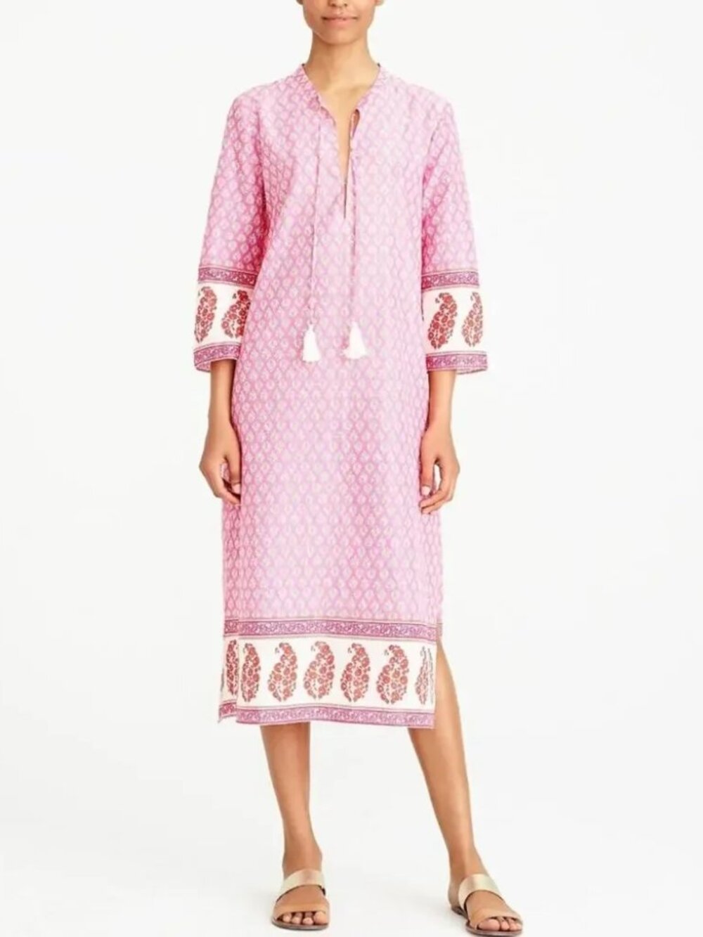 J.Crew Pink/White Block Print Caftan Maxi Dress - 100% Cotton - S
